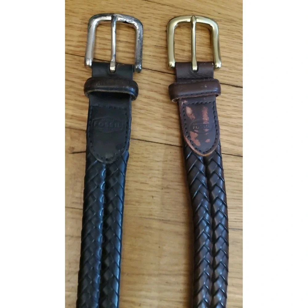 Lot Of 2 FOSSIL Mens Braided Brown & Black Leather Belts 34 Distressed